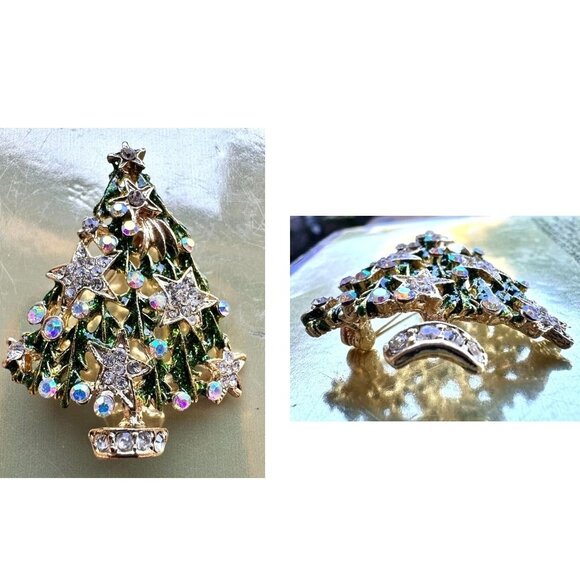 Christmas Tree Brooch Pin New Aurora Borealis Rhinestones Stars Northern… - Picture 7 of 12